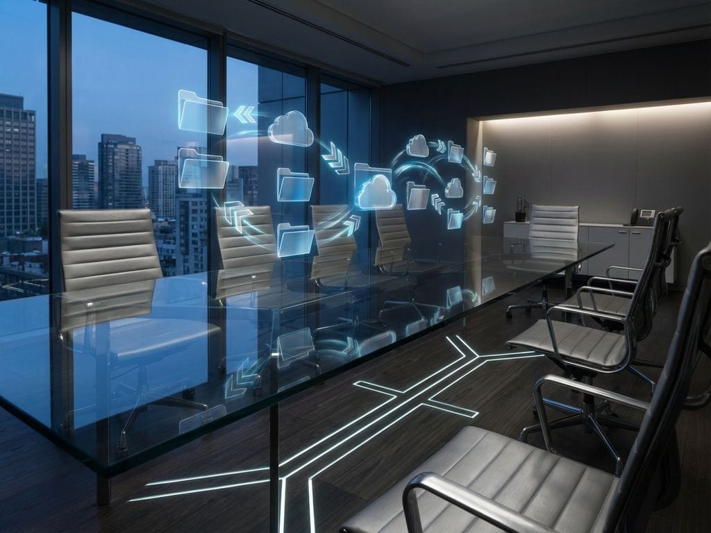 Glass conference table with floating digital document icons and holographic workflow arrows in modern office setting